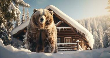 ai gerado ampla Castanho Urso em pé lado de fora uma cabine dentro neve foto