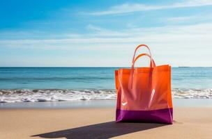 ai gerado compras saco e mar uma de praia foto