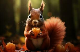 ai gerado vermelho esquilo segurando a maçã comendo outono folhas foto