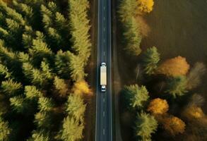 ai gerado alguns caminhões passar através uma floresta, foto