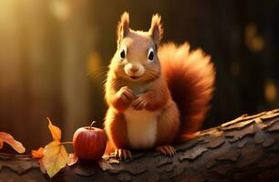 ai gerado vermelho esquilo segurando a maçã comendo outono folhas foto