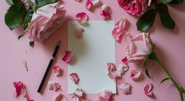 ai gerado uma em branco papel e rosa pétalas em uma Rosa fundo foto