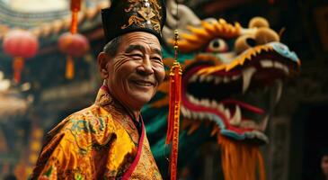 ai gerado uma homem dentro uma tradicional chinês traje sorridente Próximo para uma Dragão foto