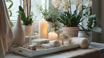 ai gerado uma bandeja com velas e toalhas, panelas do flores e plantas em isto foto