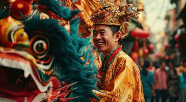 ai gerado uma homem dentro uma tradicional chinês traje sorridente Próximo para uma Dragão foto