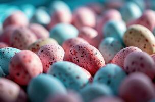 ai gerado uma ampla montante do colori ovos sentar em uma azul base foto