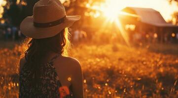 ai gerado uma mulher ao ar livre, sentado dentro uma Palha chapéu assistindo a velho celeiro às pôr do sol foto