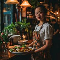 ai gerado uma jovem garçonete detém uma prato cheio do Comida Como ela carrega clientes para seus mesa foto