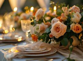 ai gerado a elegante mesa configuração com pêssego rosas foto