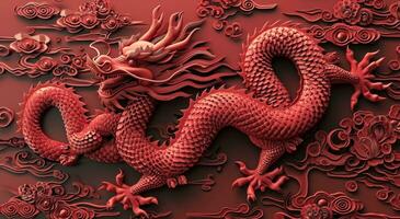 ai gerado a chinês Dragão é mostrando em uma vermelho fundo foto