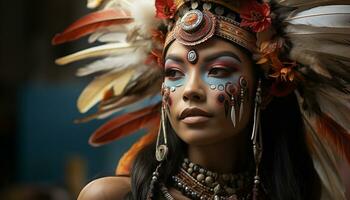 ai gerado jovem indígena mulher dentro tradicional roupas exala elegância e beleza gerado de ai foto