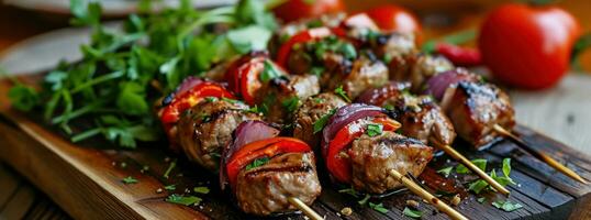 ai gerado a imagem do Kebab em de madeira mesa, com legumes e carne em topo foto