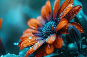 ai gerado a laranja e azul flor dentro a céu, foto