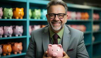 ai gerado sorridente homem de negocios segurando porquinho banco, exalando confiança e sucesso gerado de ai foto