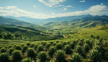 ai gerado arroz arroz crescimento, verde paisagem, terraço Campos, montanha beleza gerado de ai foto