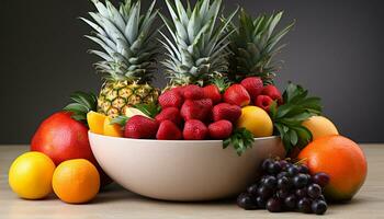 ai gerado frescor do verão frutas abacaxi, uva, laranja, morango, framboesa gerado de ai foto