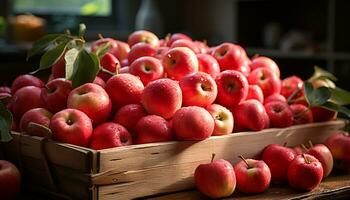 ai gerado frescor do natureza colheita saudável comendo, suculento maçãs dentro de madeira engradado gerado de ai foto