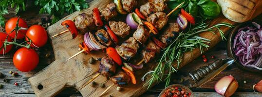 ai gerado a imagem do Kebab em de madeira mesa, com legumes e carne em topo foto