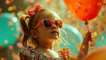 ai gerado a inocente pequeno menina vestindo oculos de sol e uma balão foto