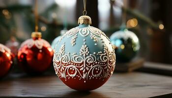 ai gerado brilhando inverno árvore decora celebração com brilhante Natal enfeites gerado de ai foto