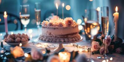 ai gerado a elegante Rosa aniversário bolo com champanhe e Casamento bolo foto