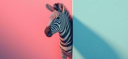 ai gerado uma zebra espreitar Fora do uma azul e Rosa parede foto