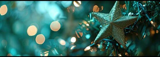 ai gerado bokeh fundo com ouro Estrela e brilhante argolas foto