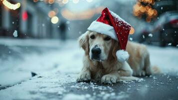 ai gerado encantador cachorro dentro uma Natal chapéu, raso profundidade do campo foto