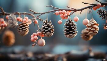 ai gerado inverno decoração fechar acima do uma pinho cone em uma Nevado ramo gerado de ai foto