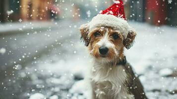 ai gerado encantador cachorro dentro uma Natal chapéu, raso profundidade do campo foto