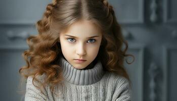 ai gerado fofa menina com encaracolado cabelo sorridente, olhando às Câmera gerado de ai foto