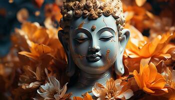 ai gerado budista estátua meditando, cercado de natureza beleza e espiritualidade gerado de ai foto