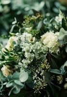 ai gerado buquês do diferente verduras e branco flores para uma Casamento foto