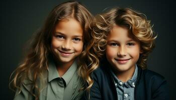 ai gerado dois alegre meninas sorridente às Câmera, fofa e feliz gerado de ai foto