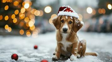 ai gerado encantador cachorro dentro uma Natal chapéu, raso profundidade do campo foto