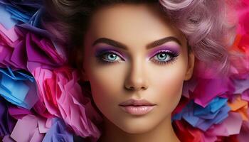 ai gerado lindo jovem mulher com vibrante roxa cabelo e deslumbrante azul olhos gerado de ai foto