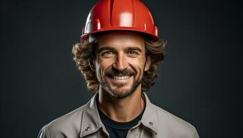 ai gerado confiante engenheiro dentro capacete de segurança, sorridente, olhando às Câmera, bem sucedido gerado de ai foto