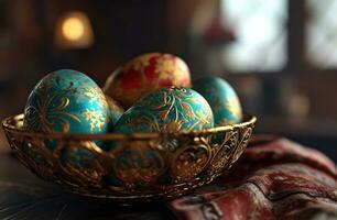 ai gerado colorida Páscoa ovos dentro uma cesta em uma Sombrio mesa foto