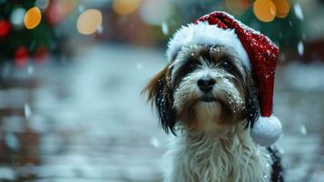 ai gerado encantador cachorro dentro uma Natal chapéu, raso profundidade do campo foto