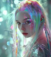 ai gerado menina dentro futurista com néon colori cabelo foto