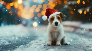 ai gerado encantador cachorro dentro uma Natal chapéu, raso profundidade do campo foto