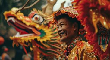 ai gerado homem sorridente com uma enorme Dragão decoração foto