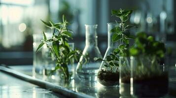 ai gerado plantar crescendo dentro material de laboratório em vidro foto
