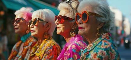 ai gerado quatro mulheres em a rua vestindo colorida roupas e oculos de sol foto
