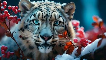 ai gerado majestoso tigre se escondendo dentro neve, encarando às Câmera, selvagem beleza gerado de ai foto