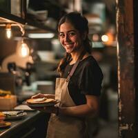 ai gerado garçonete sorridente e segurando panqueca dentro uma restaurante foto