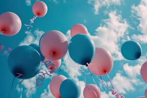 ai gerado vários azul e Rosa balões estão visto dentro a ar, foto