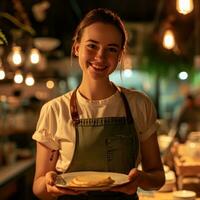 ai gerado garçonete sorridente e segurando panqueca dentro uma restaurante foto