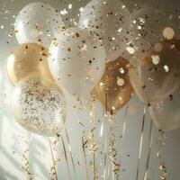 ai gerado branco aniversário balões com ouro faíscas foto