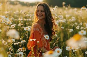 ai gerado mulher sorridente dentro a laranja vestir em uma campo do margarida flores foto